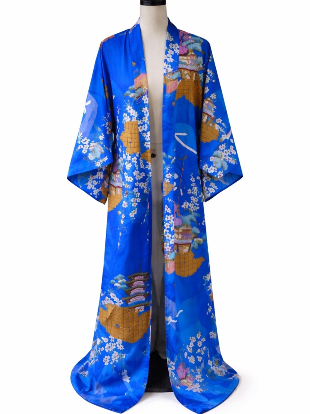 Jugueme Blue Japanese Pagoda Cherry Blossom Long Kimono Robe One Size